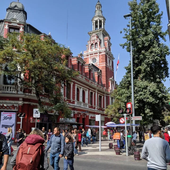 A bustling corner in Santiago Chile's historic district.