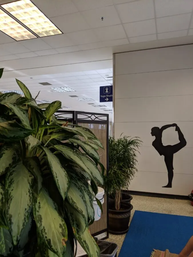 The decal on the wall of the yoga studio in dallas-fort worth international airport.