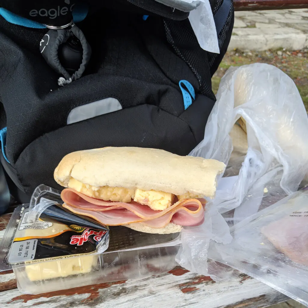 A sandwich next to a grocery bag next to a travelers backpack.