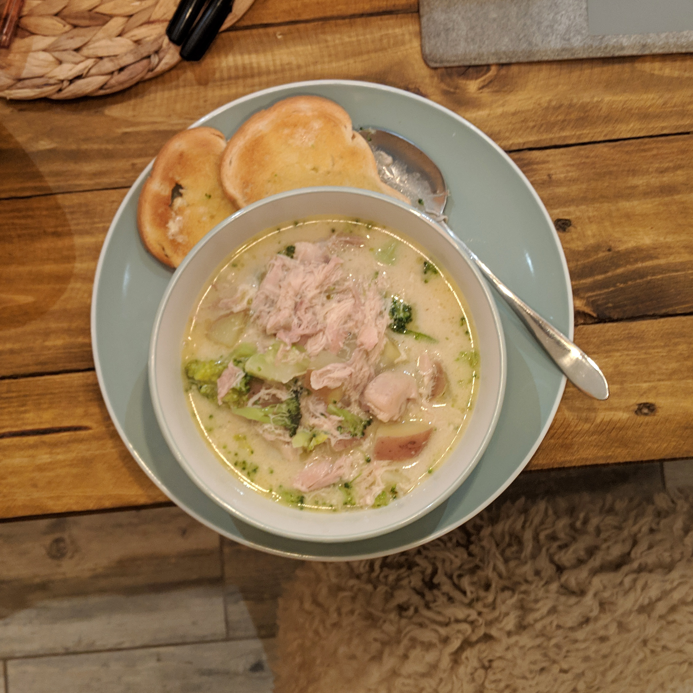 Soup in a bowl in an airbnb kitchen.
