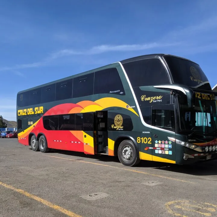 An overnight bus parked at a bus station.