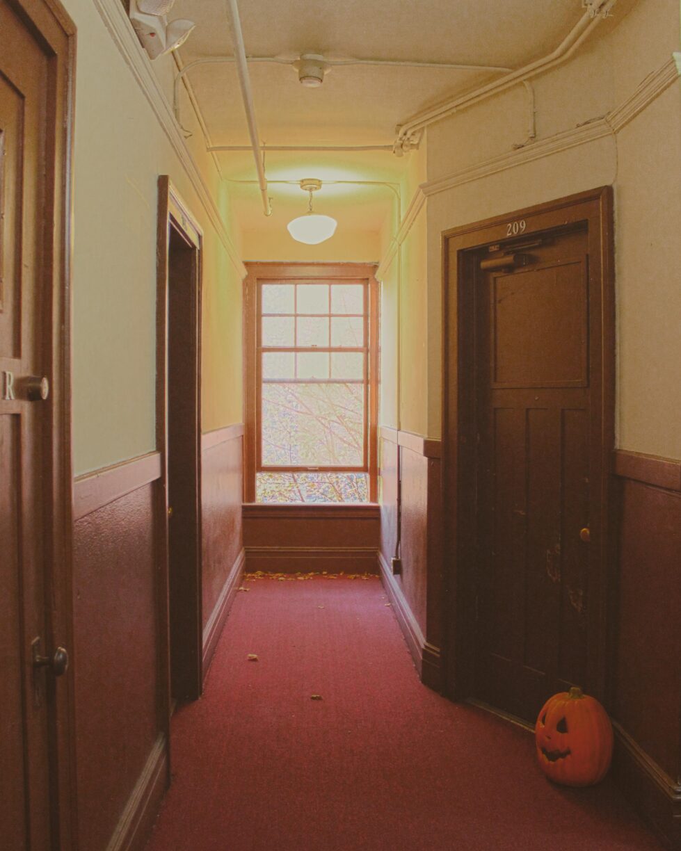 A hallway at halloween in a haunted seattle building.