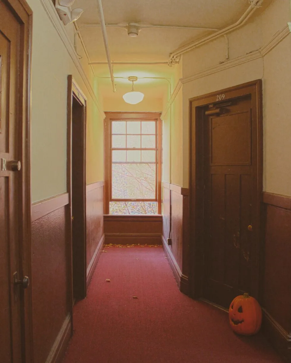 A hallway at halloween in a haunted seattle building.