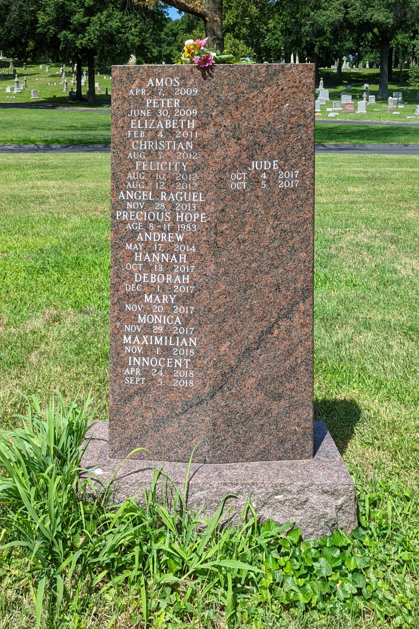 St louis jane doe grave stone with name precious hope in calvary cemetery in saint louis..