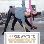 4 free ways to workout in an airport text on image of two women stretching at the airport