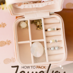 How to pack jewelry for travel text on image of a jewelry box.