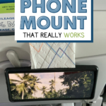 Make this diy plane seat phone mount that really works text on image of a phone mounted on the plane seat