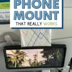 Make this diy plane seat phone mount that really works text on image of a phone mounted on the plane seat