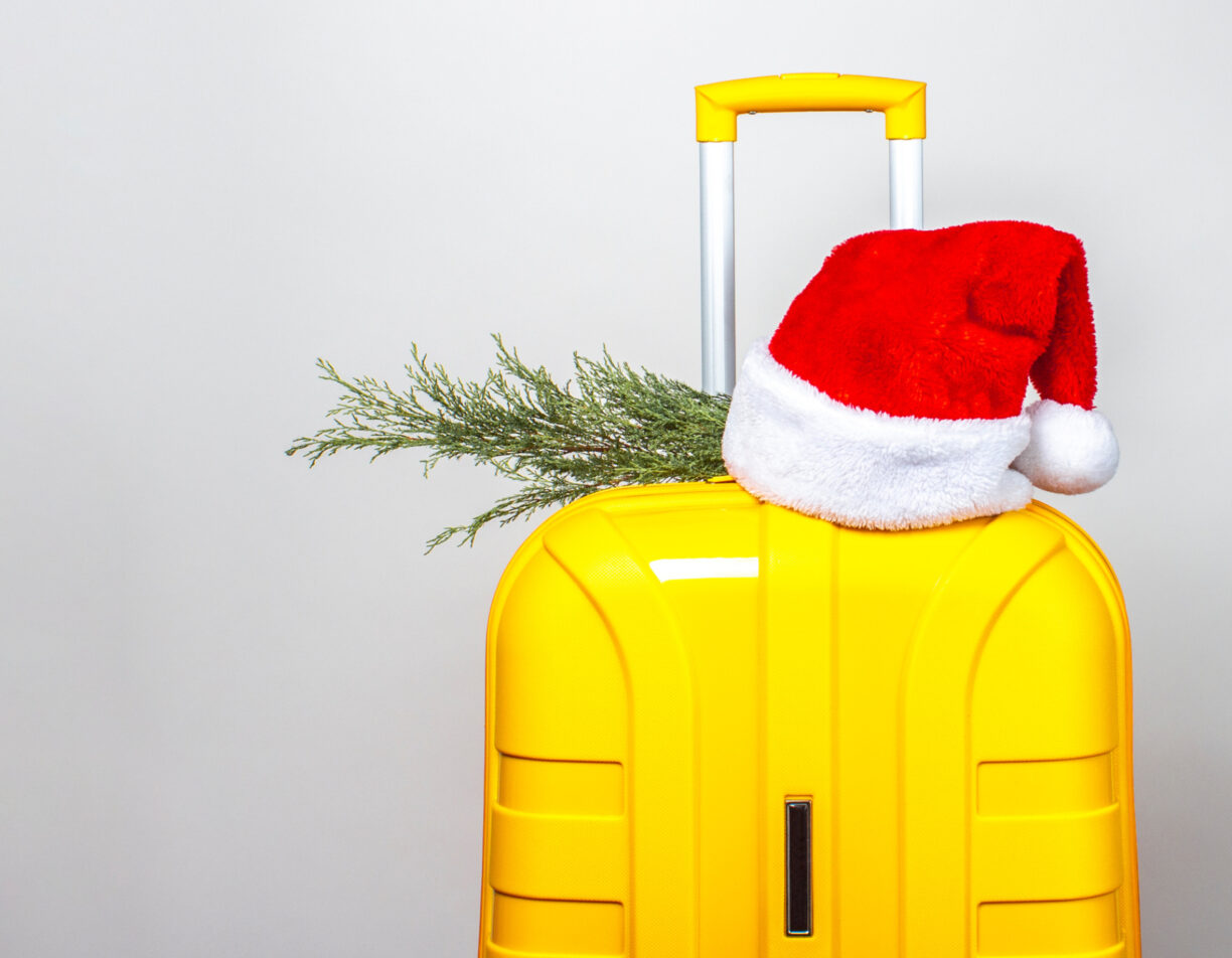 A sprig of evergreen and a santa hat sit on top of a yellow suitcase.
