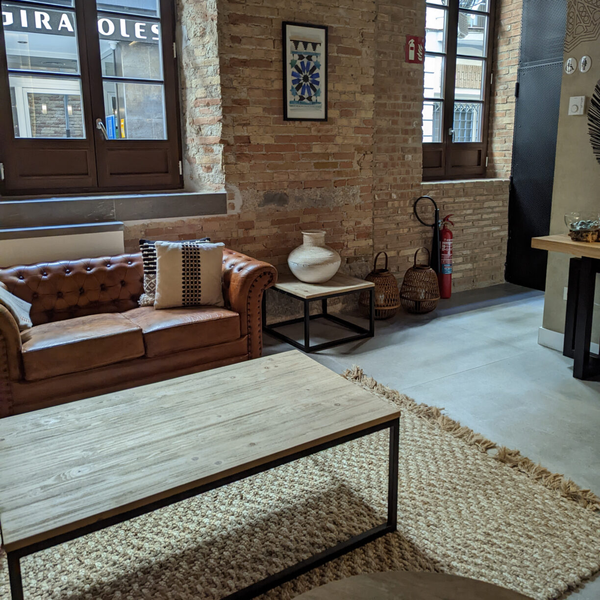 The lobby of a boutique hotel.
