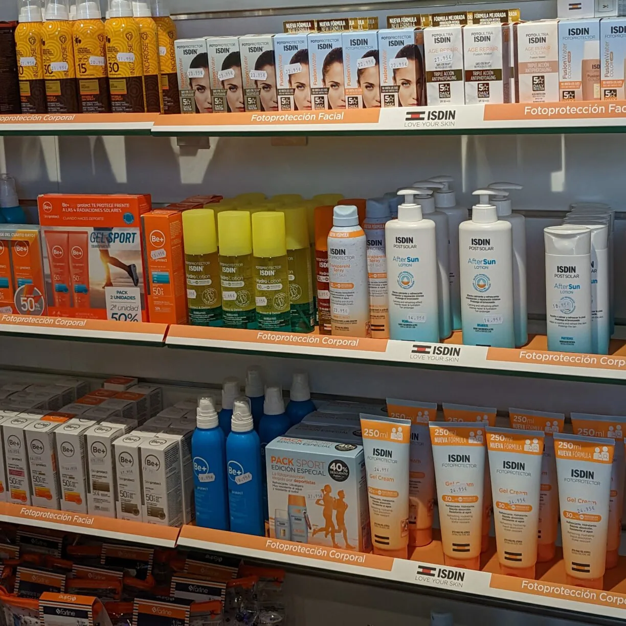 Sunscreen for sale in europe at a pharmacy.