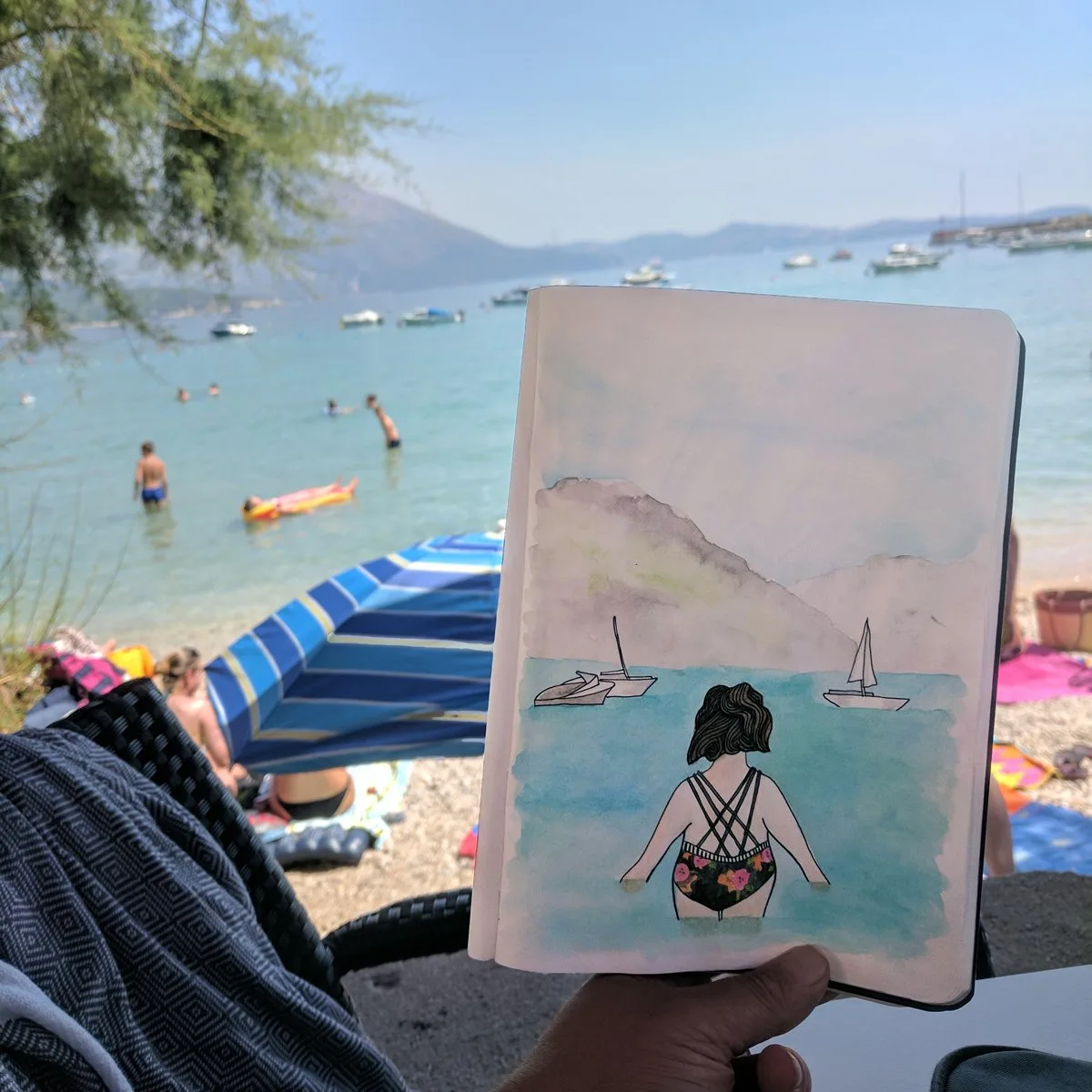 A travel journal illustration of a plus size traveler swimming in the sea in croatia.