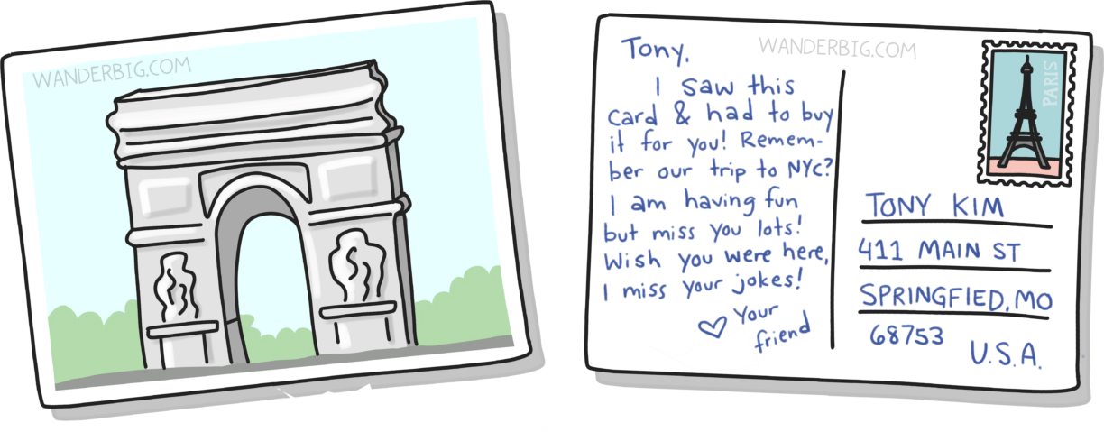 An illustration of the back of a postcard showing an example of a personal message, an address, and a postage stamp from paris.