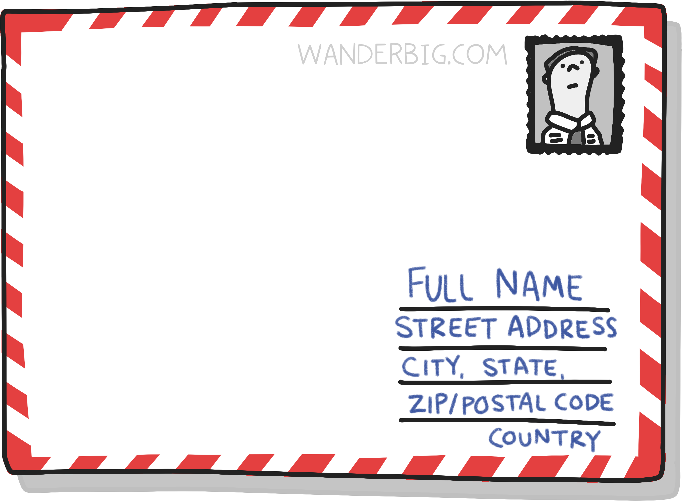 Ilustration of the back of a postcard after it has been addressed and postage added.