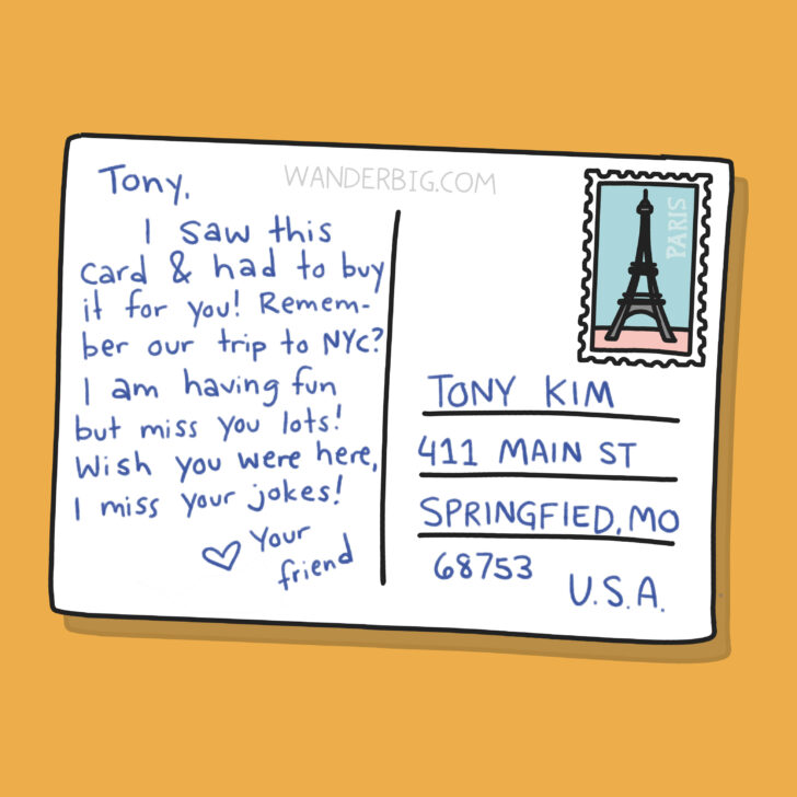 An illustration of the back of a postcard showing an example of a personal message, an address, and a postage stamp from Paris.