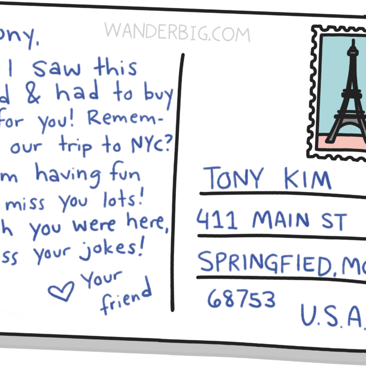 An illustration of the back of a postcard showing an example of a personal message, an address, and a postage stamp from Paris.