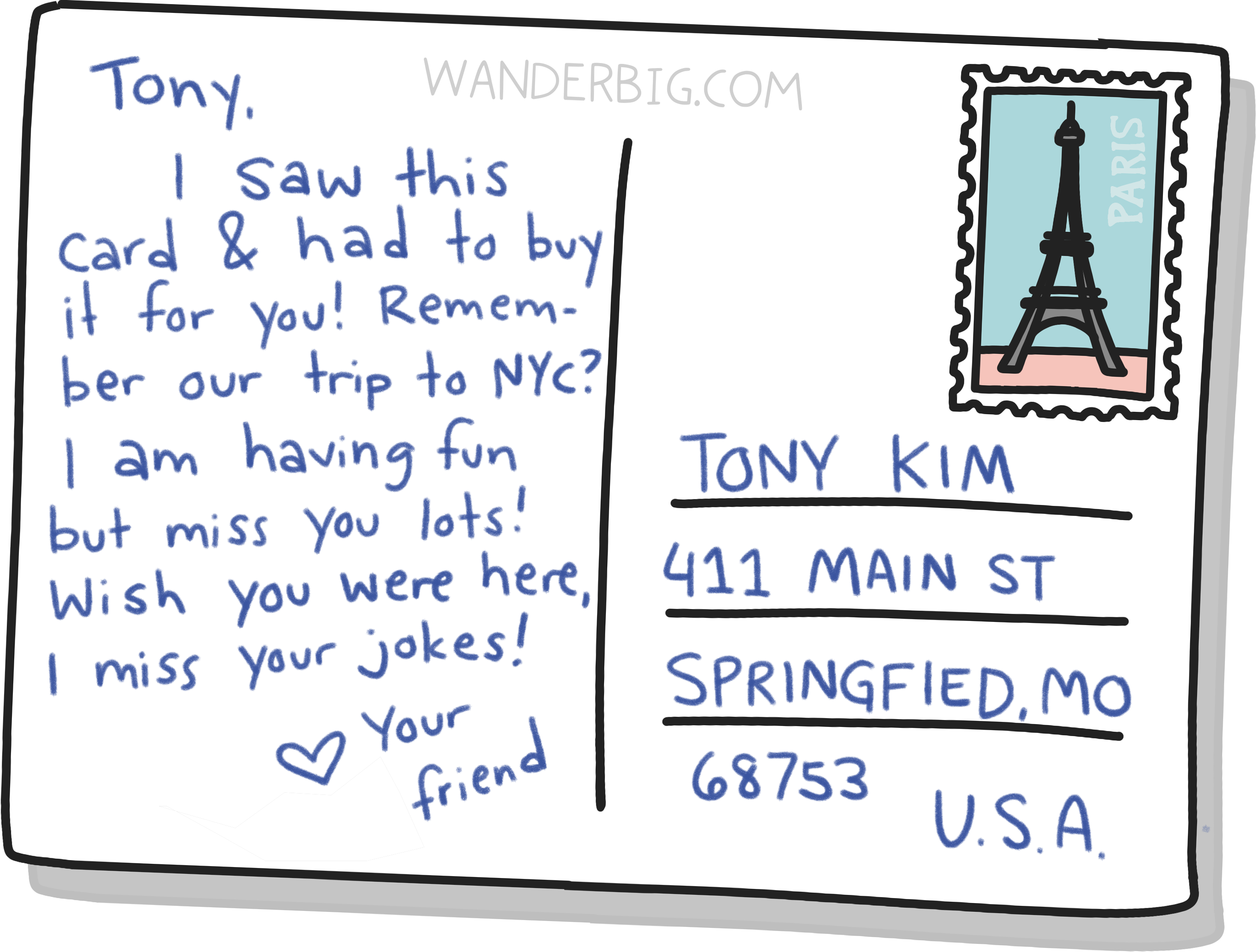 An illustration of the back of a postcard showing an example of a personal message, an address, and a postage stamp from paris.