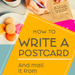 Hands writing a postcard shown with the text how to write a postcard.