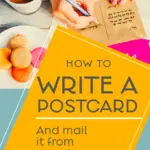 Hands writing a postcard shown with the text how to write a postcard.