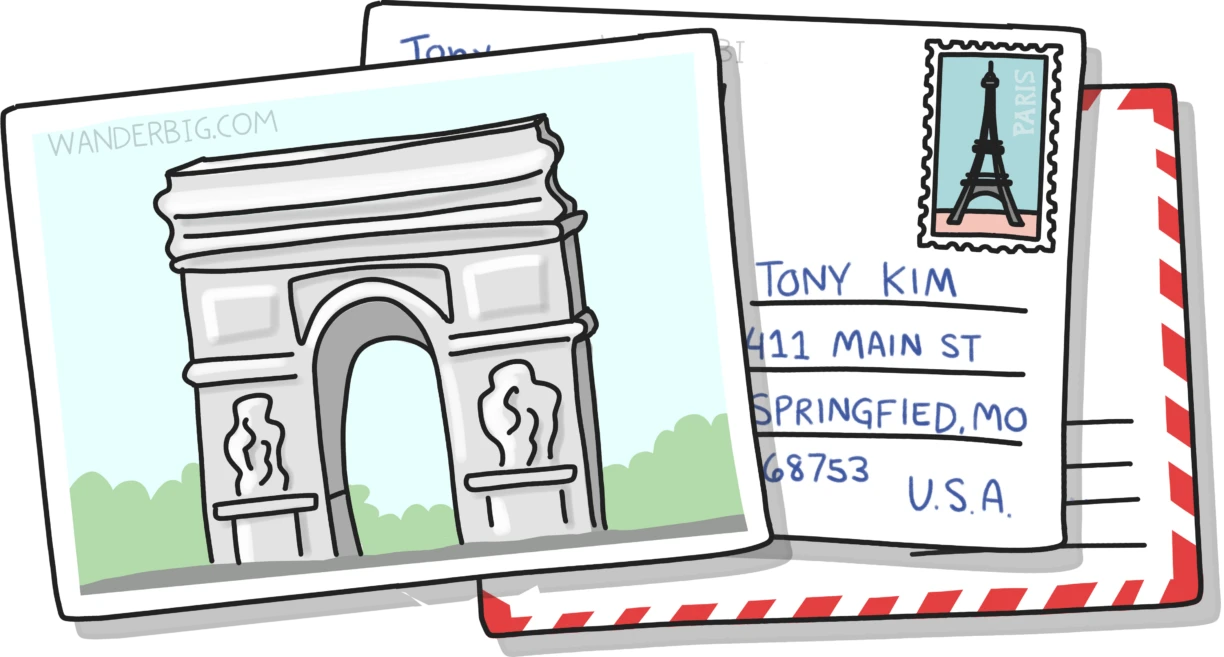 A hand drawn illustration of a stack of postcards, demonstrating a example of how to write, address, and add postage to a postcard.