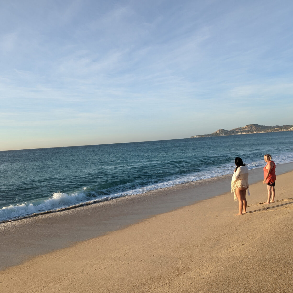 Two friends wander on a beach.