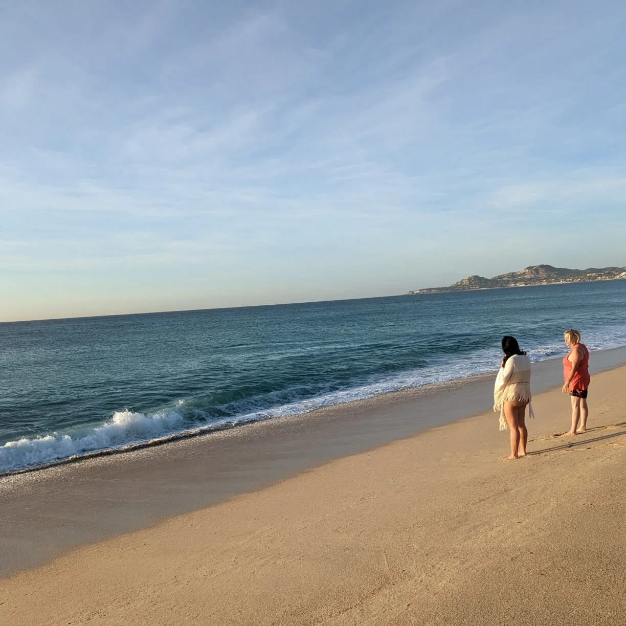Two friends wander on a beach.