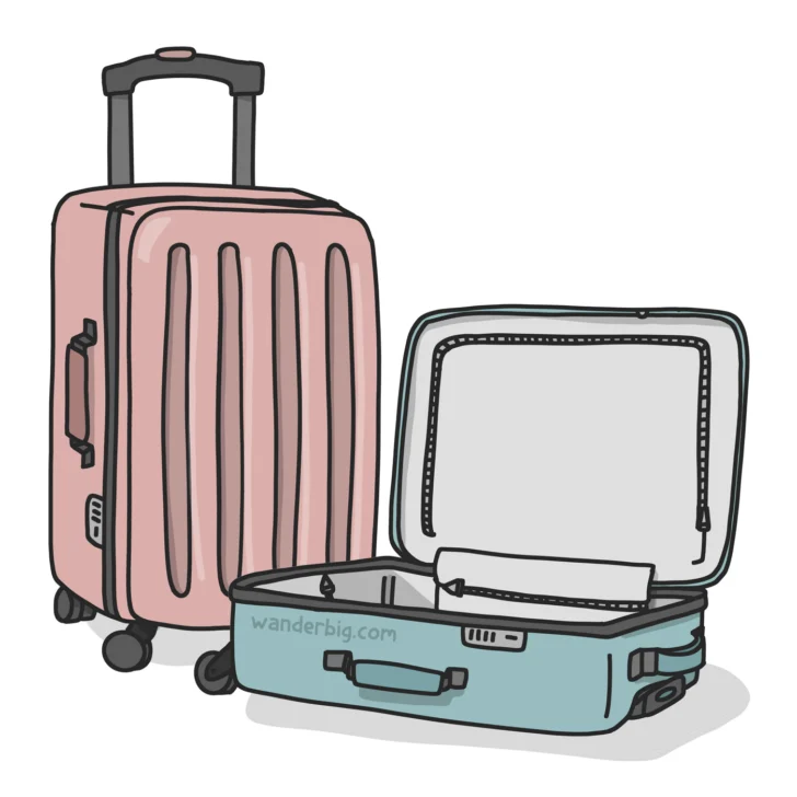 A drawing of a pink and a blue suitcase sitting next to each other.