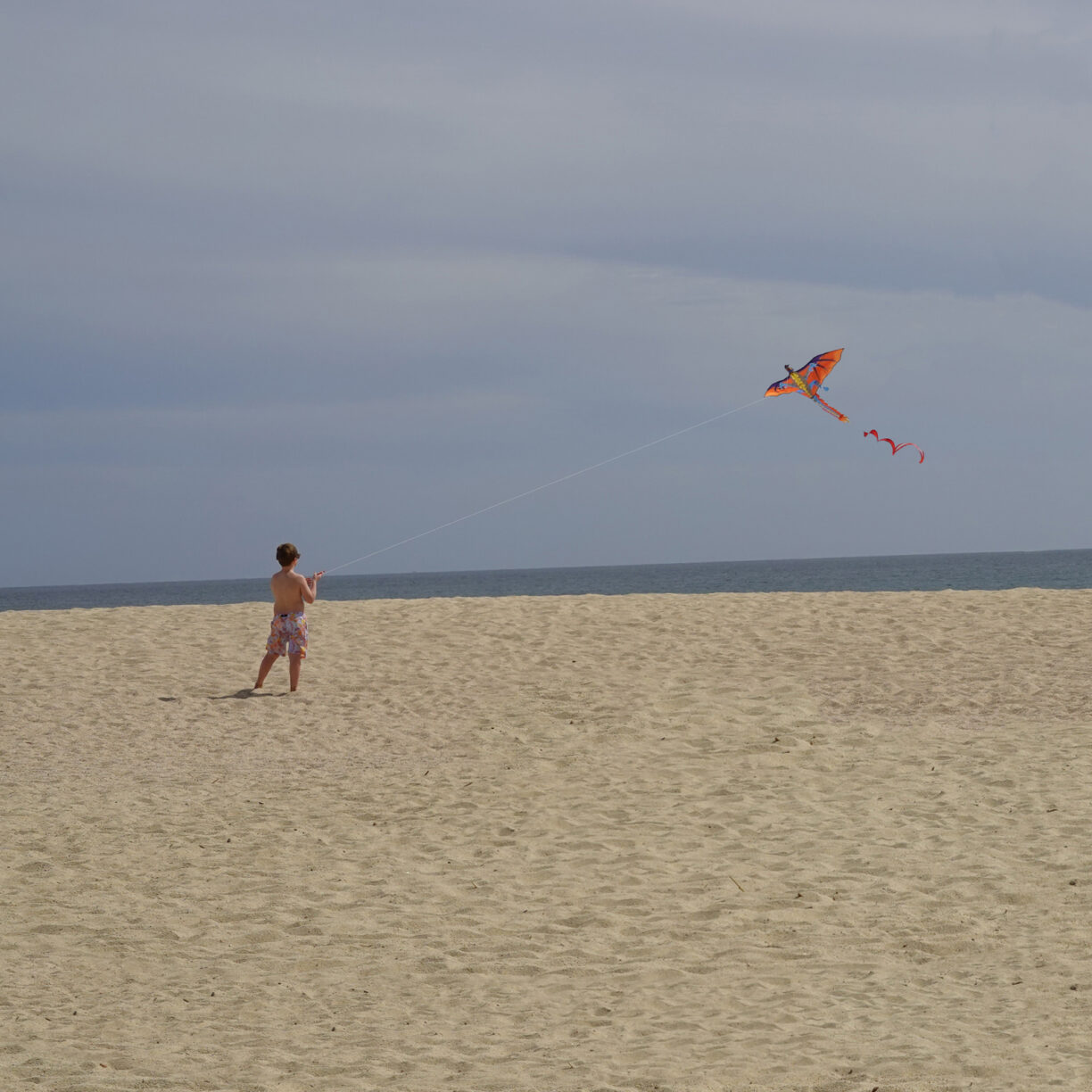 Child flying a kite on a sandy beach