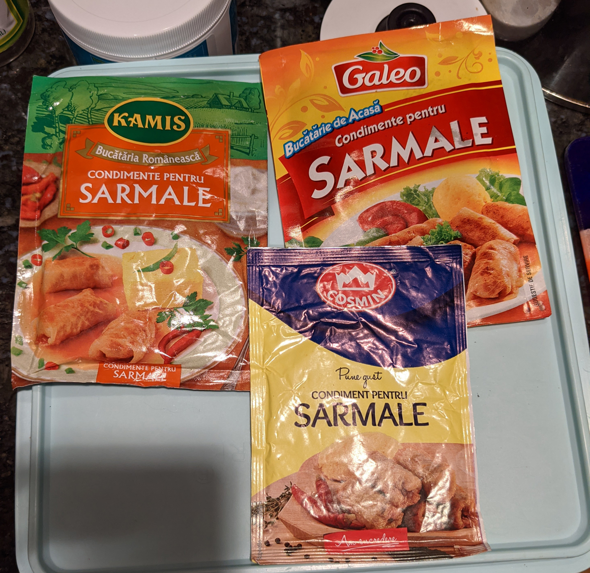 Packets of sarmale recipe seasoning purchased in romania.