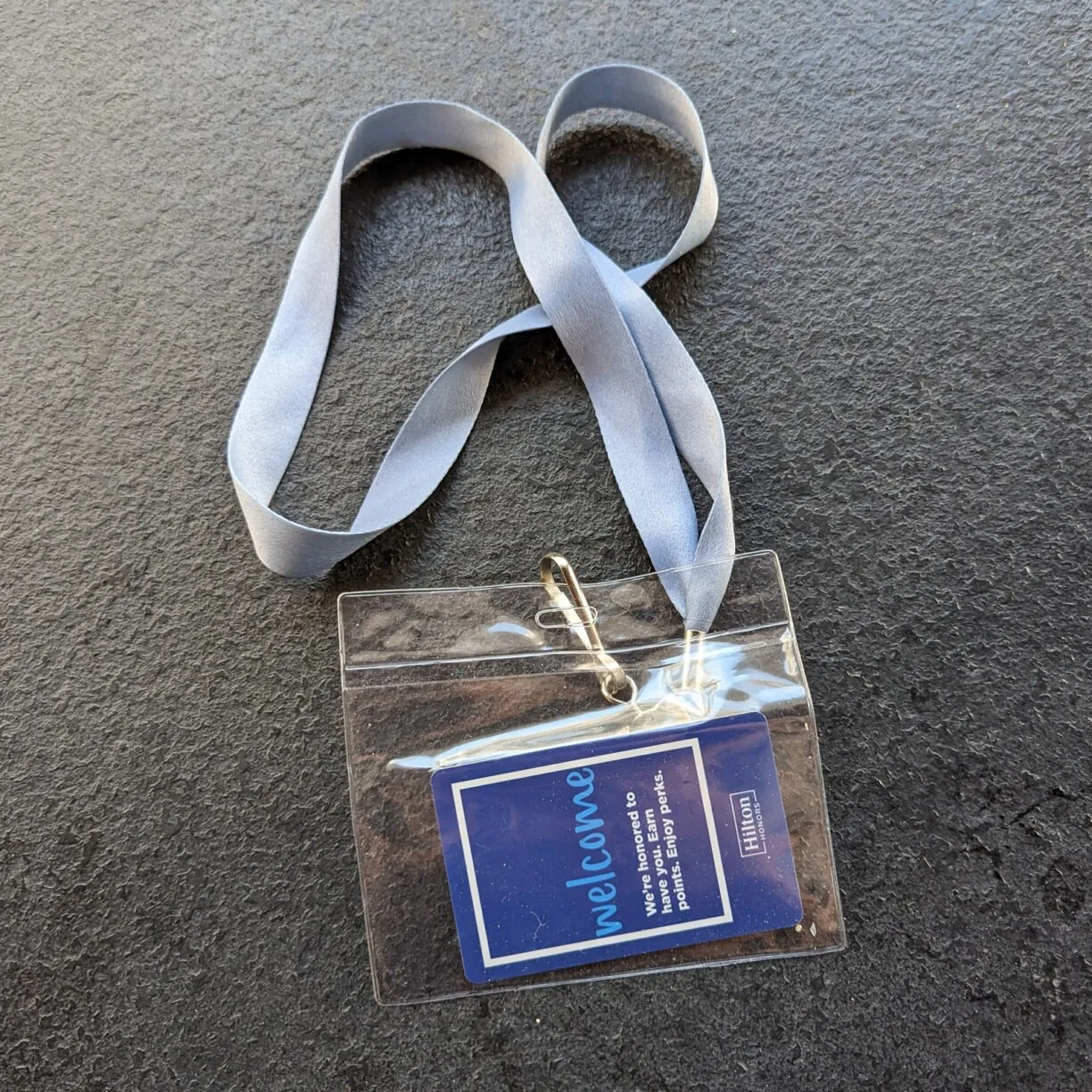 A lanyard with clear plastic sleeve for hotel keycard.