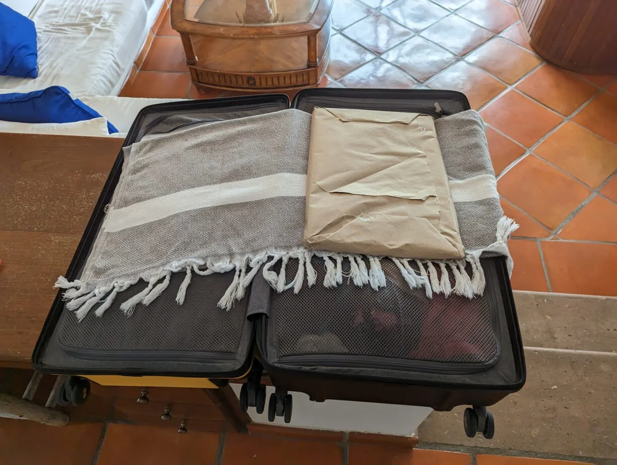 Turkish towel wrapped around art in my suitcase.