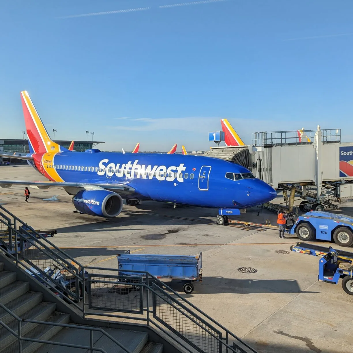 A southwest plane parked at an airport.