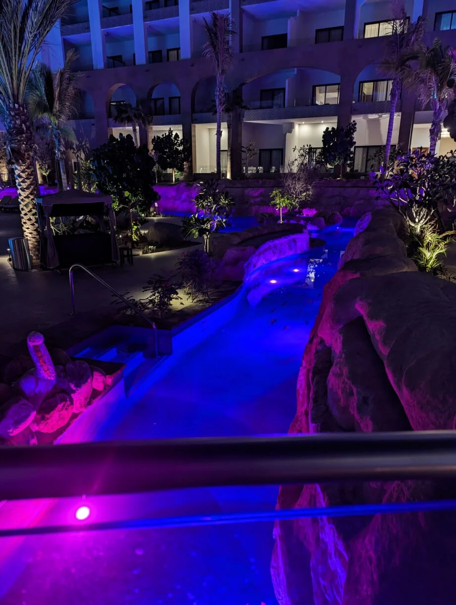 Lazy river at villa la valencia at night