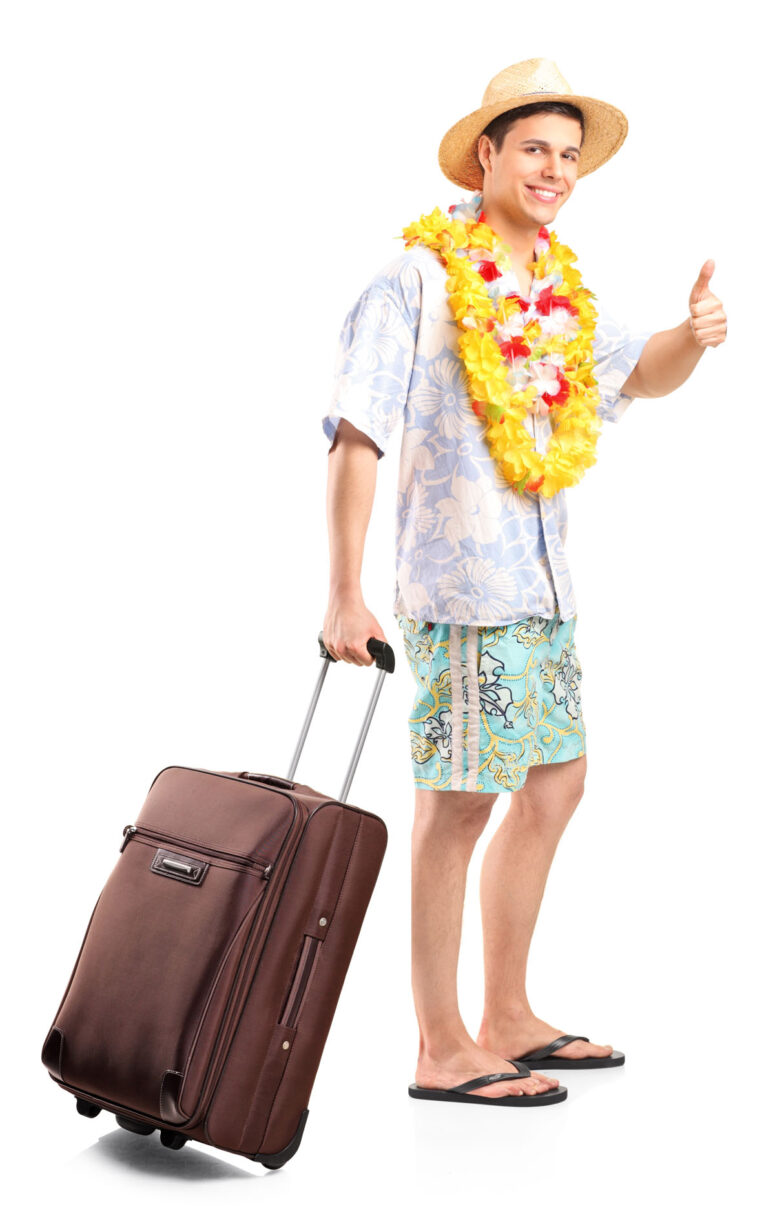 A man dressed in an over the top tourist costume with hawaiian lei.