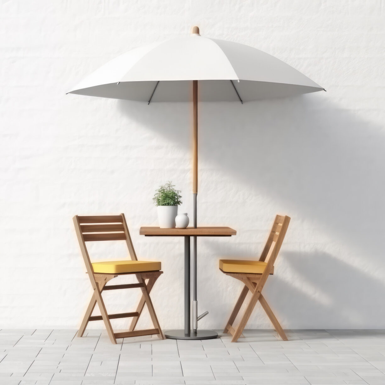 Small folding cafe chairs on a patio.