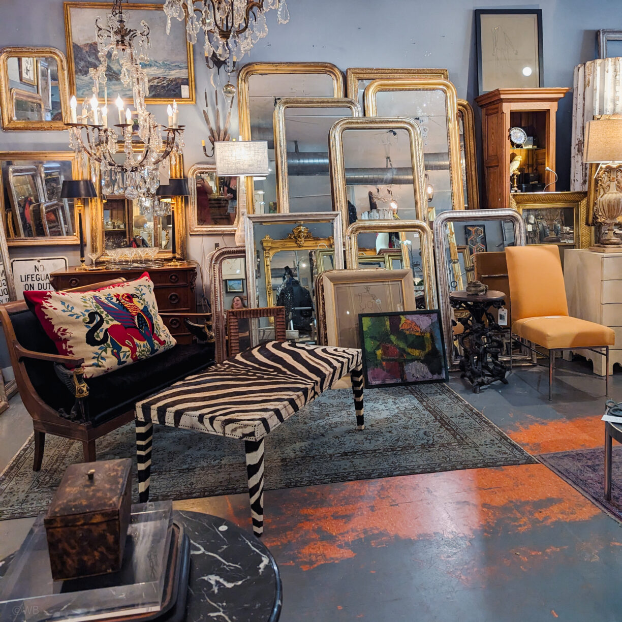 A wall of antique mirrors in a antique store in georgetown neighborhood of seattle washington