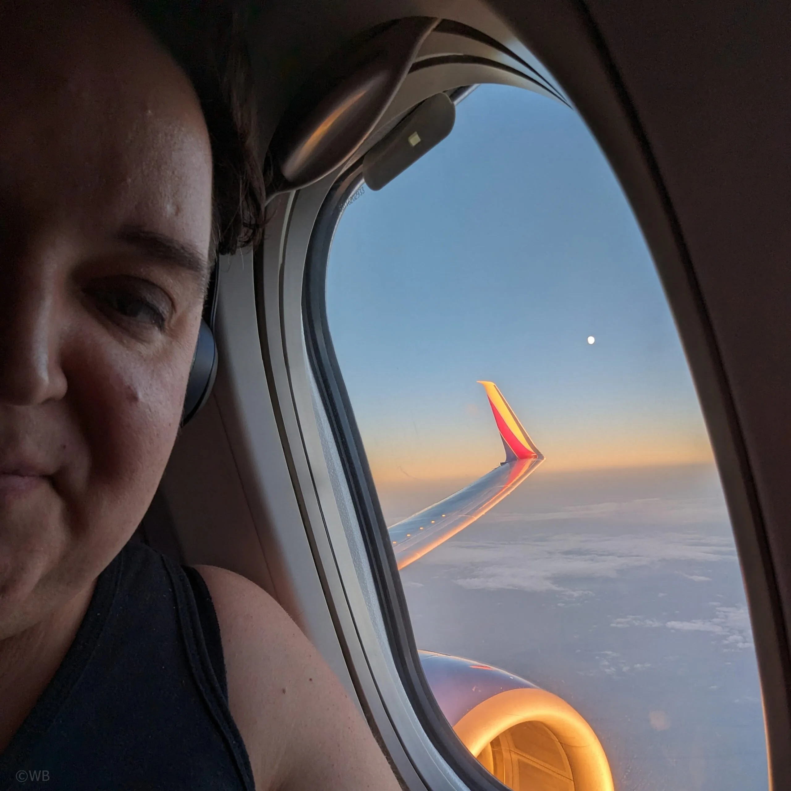 A plus size traveler sitting on a southwest plane with the sunset in the distance.