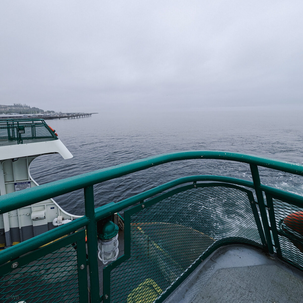 A foggy view from the deck of a washington state ferry