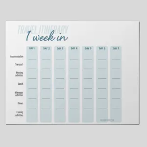 Mockup of wanderbig's free blank printable travel itinerary.
