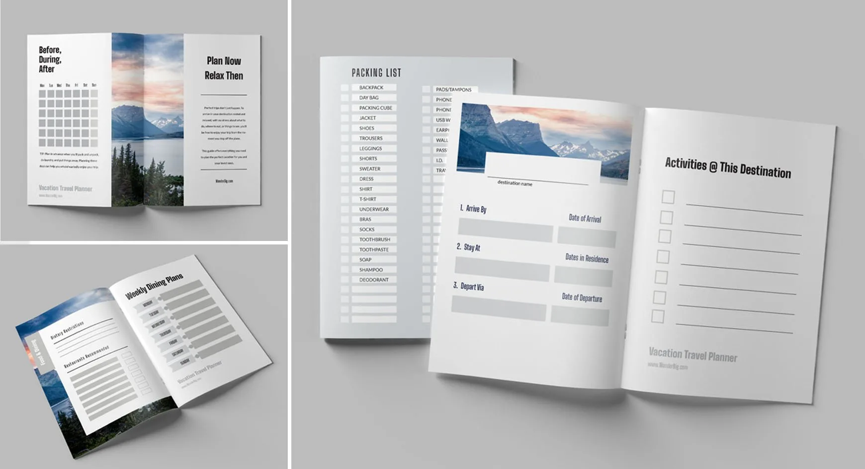 Vacation travel planner template shown in a product mockup of the printed version.